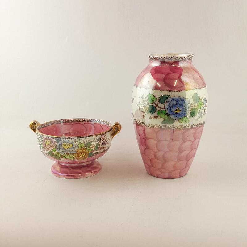 Maling - Pair Of Pink Peony Rose Twin Handle Bowls & Vase