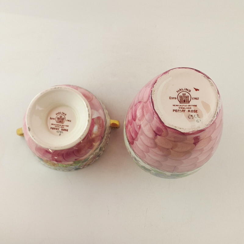 Maling - Pair Of Pink Peony Rose Twin Handle Bowls & Vase