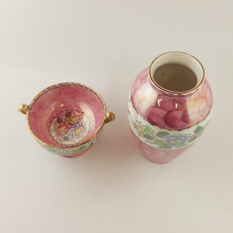 Maling - Pair Of Pink Peony Rose Twin Handle Bowls & Vase