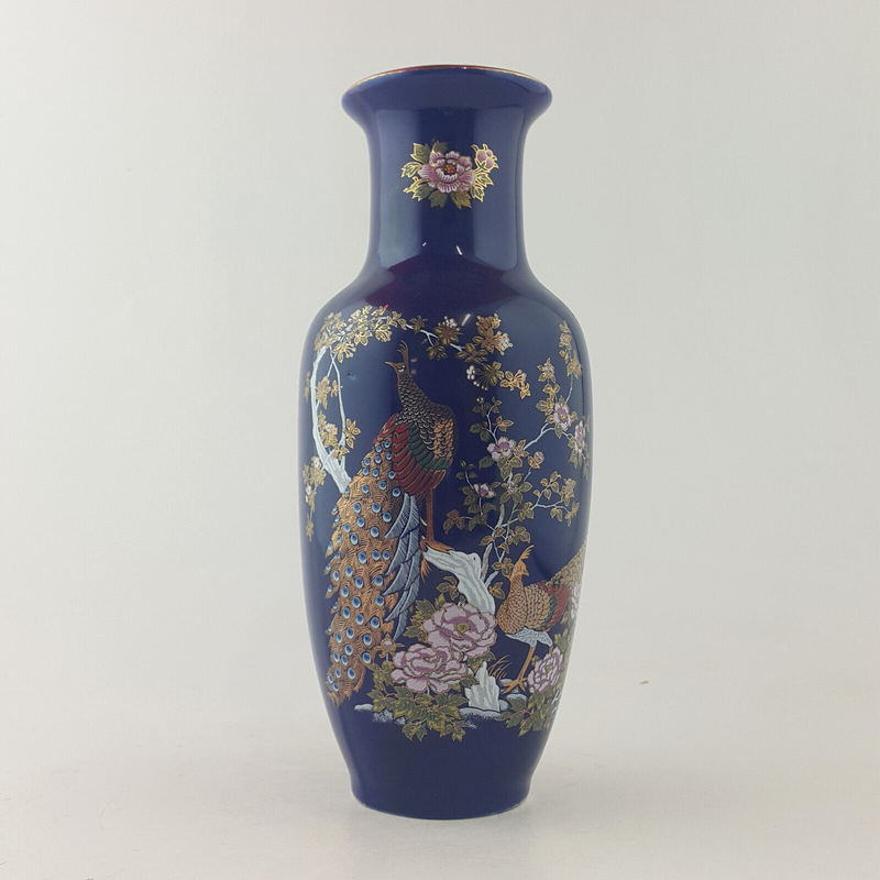 Vintage Cobalt Porcelain Vase With Peacock & Japanese Floral Pattern - OP 149