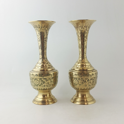 Antique Brass Made In India - Pair Of Ornate Engraved Vases - TF 129