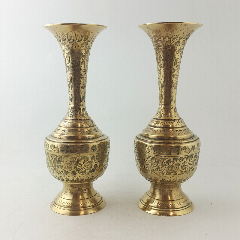 Antique Brass Made In India - Pair Of Ornate Engraved Vases - TF 129