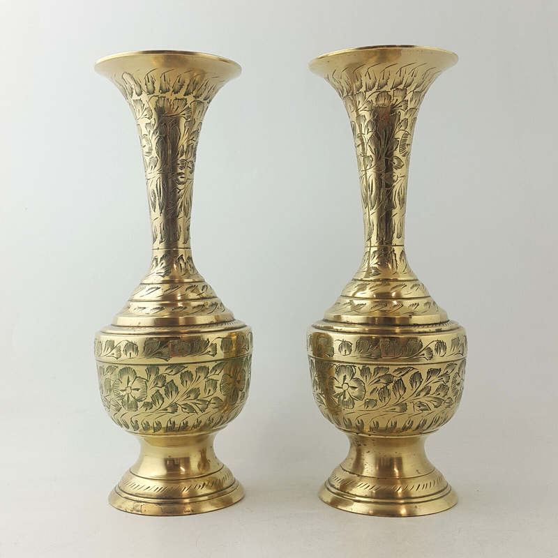 Antique Brass Made In India - Pair Of Ornate Engraved Vases - TF 129