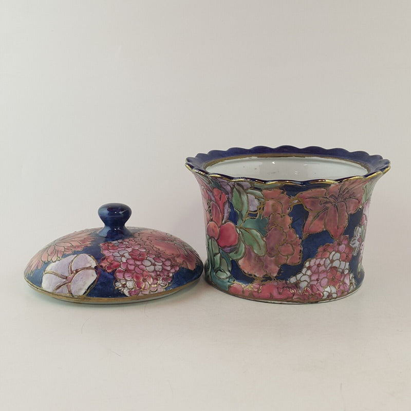 Chinese Porcelain Lidded Jar - Navy With Peony Flowers & Raised Gilt - 8224 OA