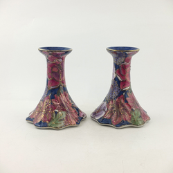 Chinese Porcelain Candle Stands - Navy With Peony Flowers & Raised Gilt - OP 298