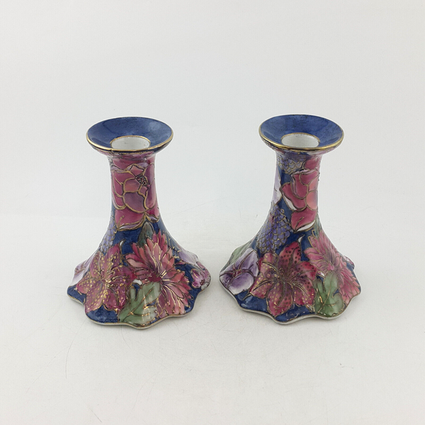 Chinese Porcelain Candle Stands - Navy With Peony Flowers & Raised Gilt - OP 298