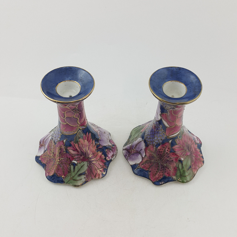 Chinese Porcelain Candle Stands - Navy With Peony Flowers & Raised Gilt - OP 298