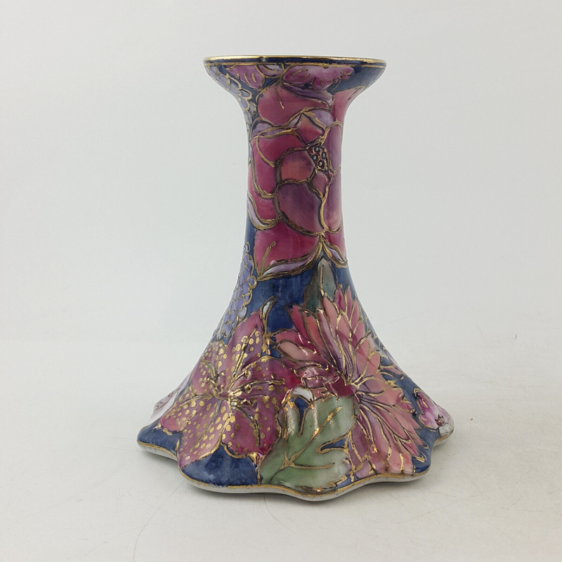 Chinese Porcelain Candle Stands - Navy With Peony Flowers & Raised Gilt - OP 298