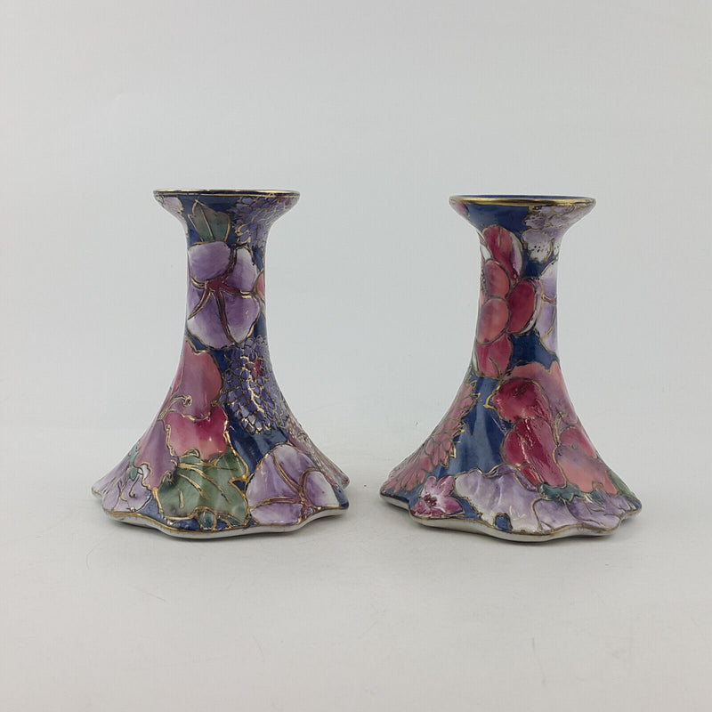 Chinese Porcelain Candle Stands - Navy With Peony Flowers & Raised Gilt - OP 298