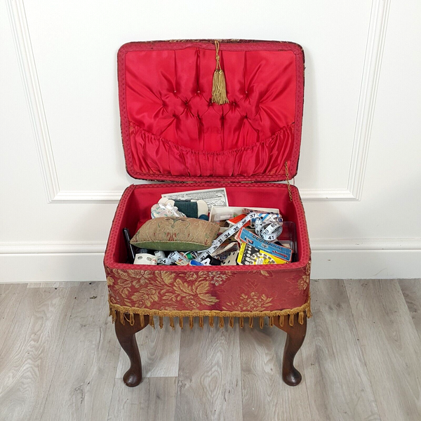 Vintage Sewing Box With Lift Up Lid Storage Standing On Queen Anne Legs - F323