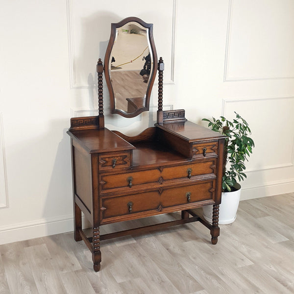 1940s Oak Dressing Table With Bobbin Turned & Key Pattern Decoration - F159