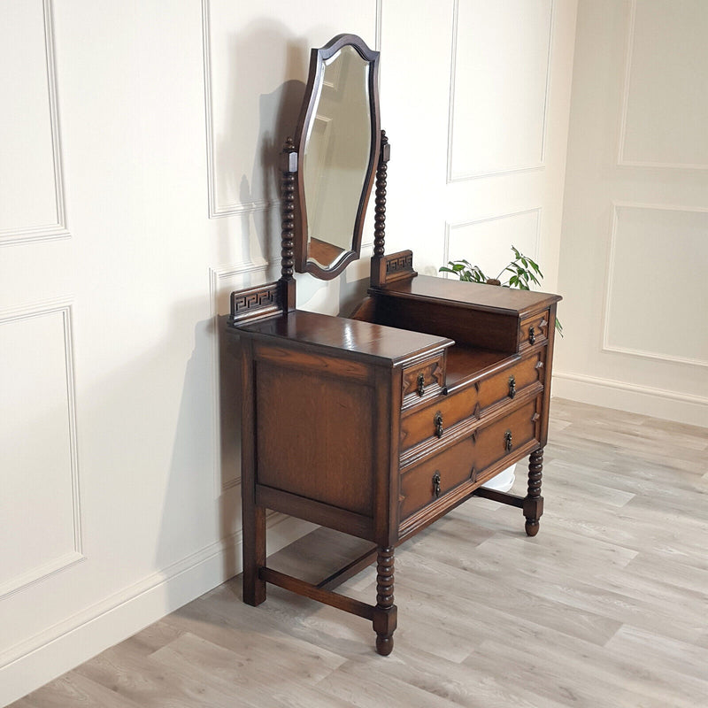 1940s Oak Dressing Table With Bobbin Turned & Key Pattern Decoration - F159