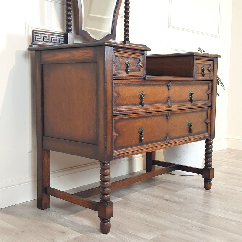 1940s Oak Dressing Table With Bobbin Turned & Key Pattern Decoration - F159