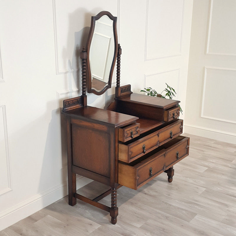 1940s Oak Dressing Table With Bobbin Turned & Key Pattern Decoration - F159