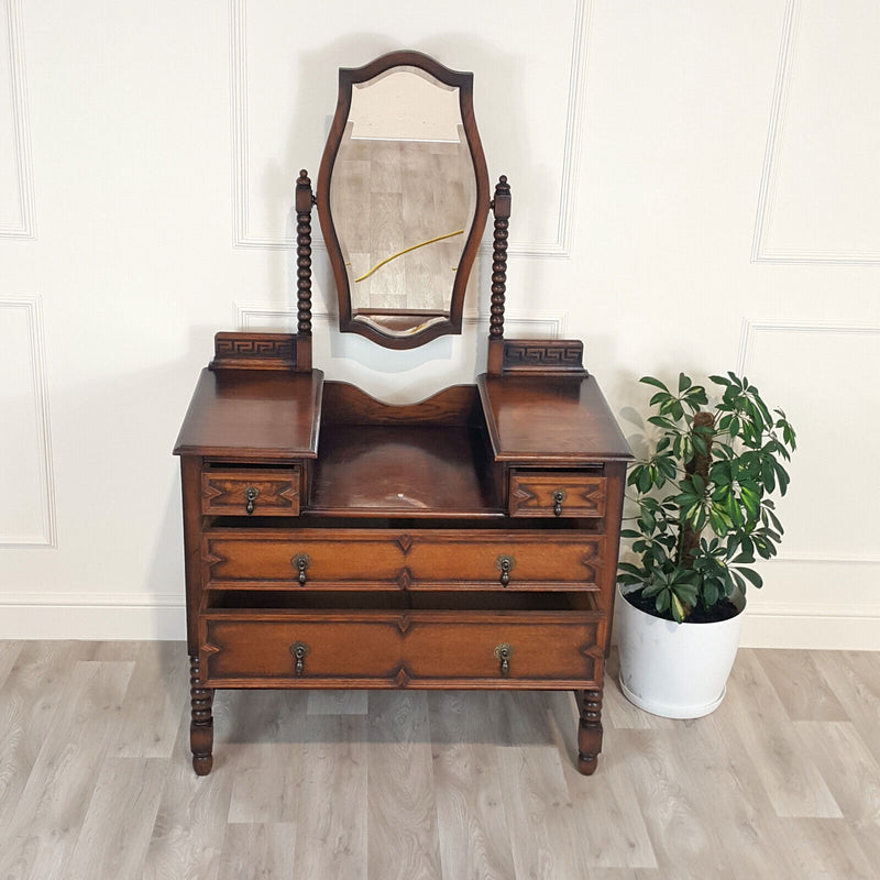 1940s Oak Dressing Table With Bobbin Turned & Key Pattern Decoration - F159