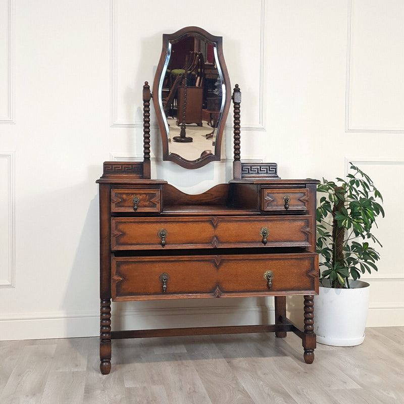 1940s Oak Dressing Table With Bobbin Turned & Key Pattern Decoration - F159