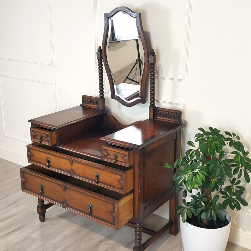 1940s Oak Dressing Table With Bobbin Turned & Key Pattern Decoration - F159