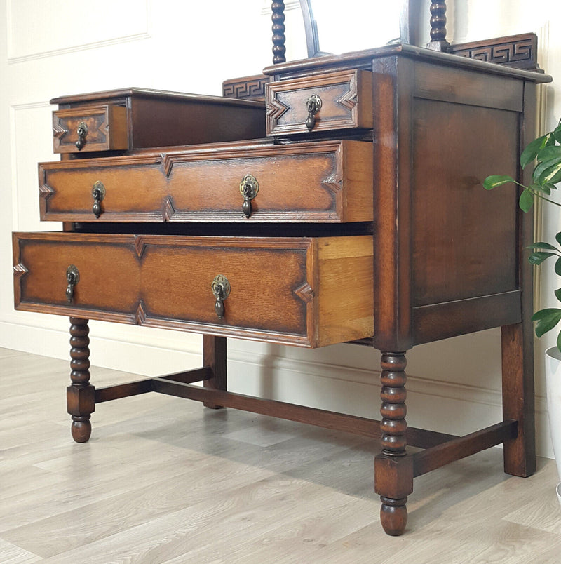 1940s Oak Dressing Table With Bobbin Turned & Key Pattern Decoration - F159