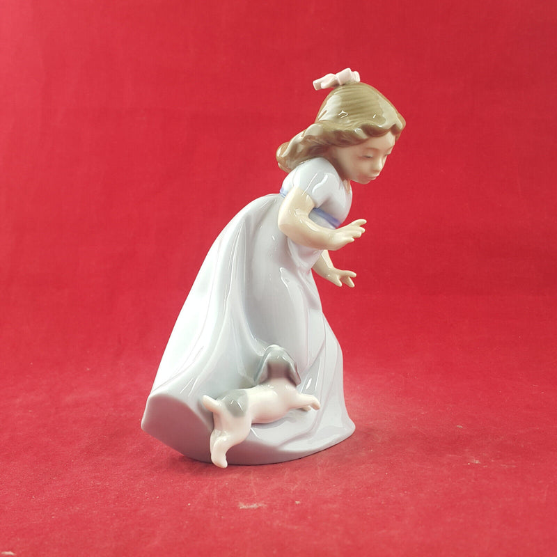 Nao By Lladro Figure - Playful Times | Girl In Blue Dress With Puppy - L/N 3497