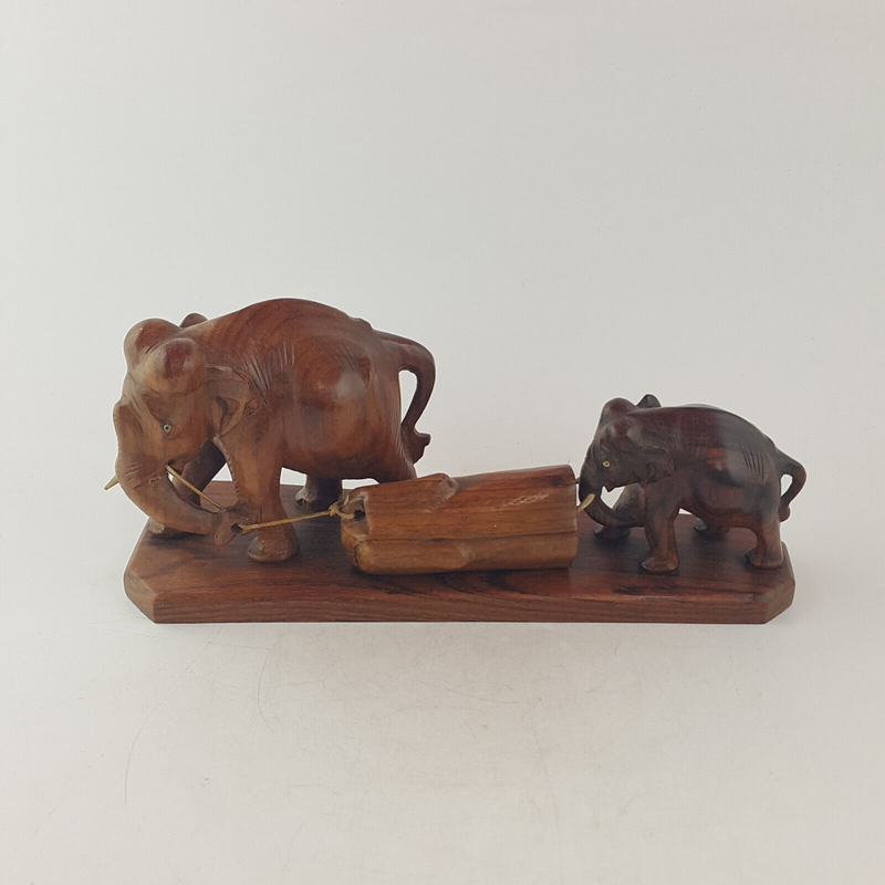 Vintage Handcrafted Wooden Statue - Elephants Carrying Wooden Log (a/f) OA 3538