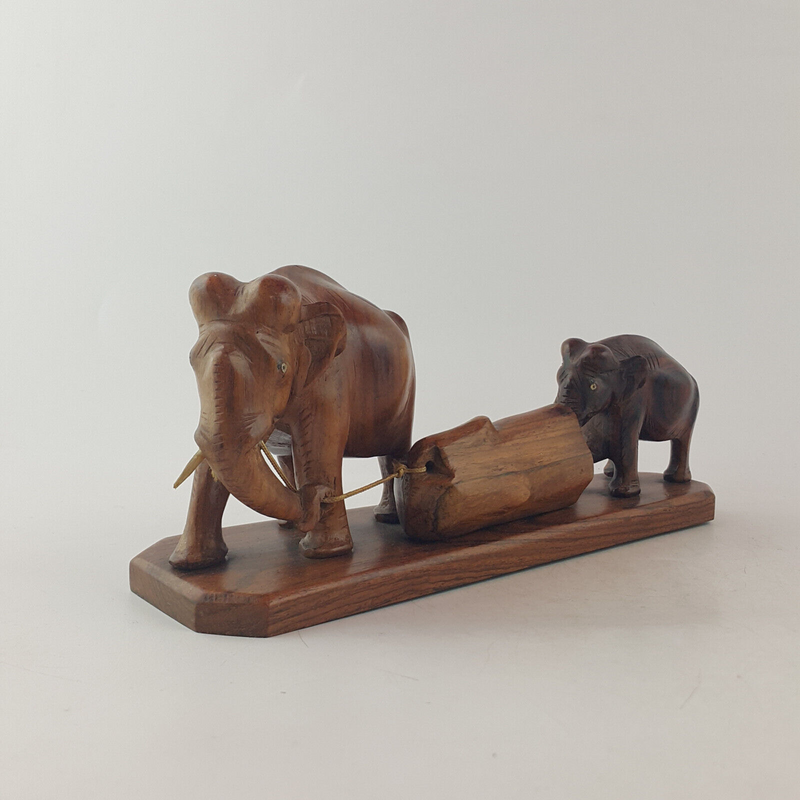 Vintage Handcrafted Wooden Statue - Elephants Carrying Wooden Log (a/f) OA 3538