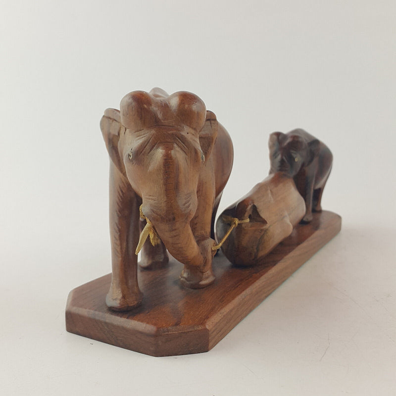 Vintage Handcrafted Wooden Statue - Elephants Carrying Wooden Log (a/f) OA 3538