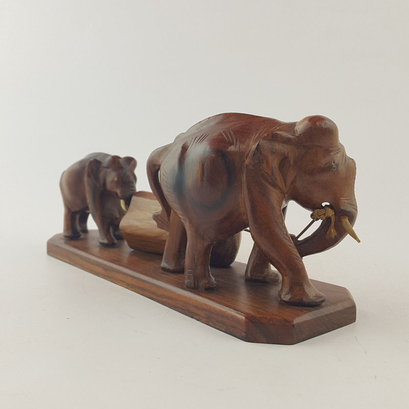 Vintage Handcrafted Wooden Statue - Elephants Carrying Wooden Log (a/f) OA 3538