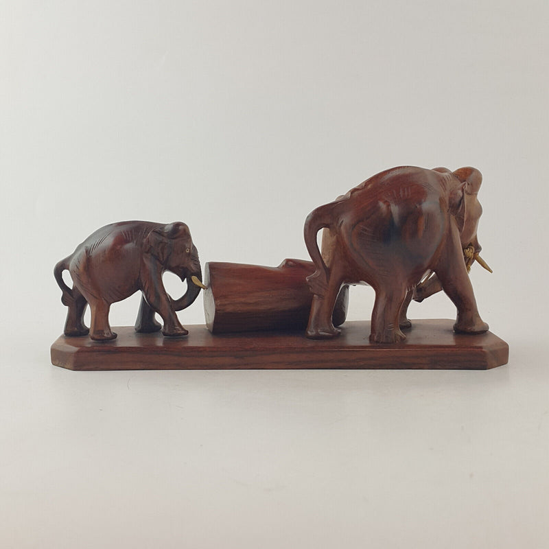 Vintage Handcrafted Wooden Statue - Elephants Carrying Wooden Log (a/f) OA 3538