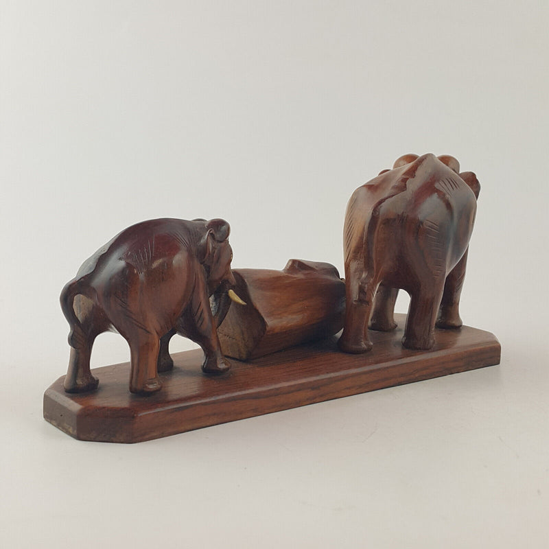 Vintage Handcrafted Wooden Statue - Elephants Carrying Wooden Log (a/f) OA 3538