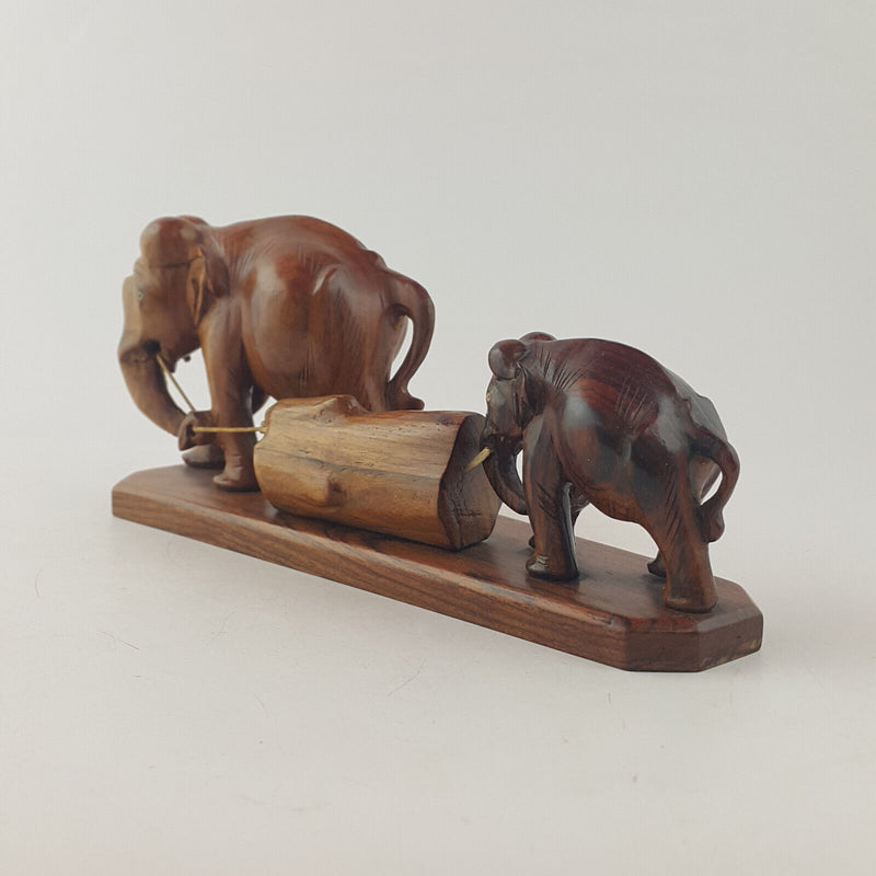 Vintage Handcrafted Wooden Statue - Elephants Carrying Wooden Log (a/f) OA 3538