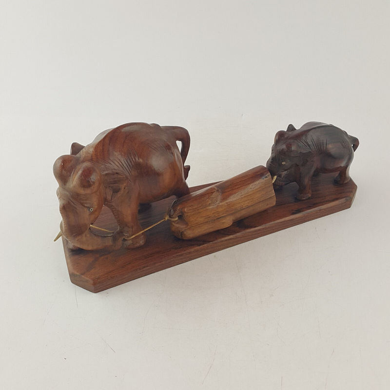 Vintage Handcrafted Wooden Statue - Elephants Carrying Wooden Log (a/f) OA 3538