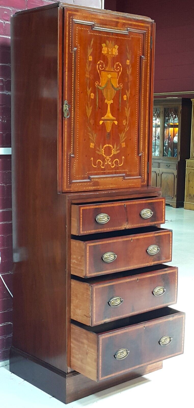 Antique French Marquetry Tall Cabinet / Chest Of Drawers - F85