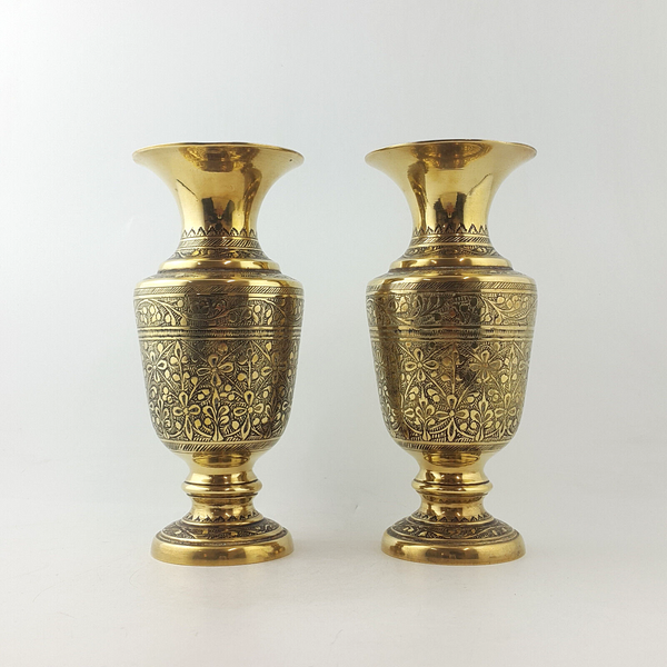 Antique Brass Made In India - Pair Of Ornate Engraved Vases - TF 128