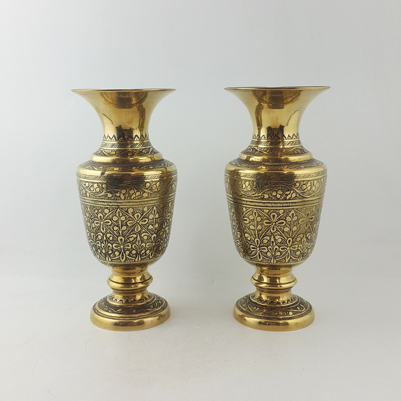 Antique Brass Made In India - Pair Of Ornate Engraved Vases - TF 128