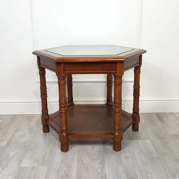 Mahogany Hexagonal Glass Top Accent Table With Caned Shelf - F230