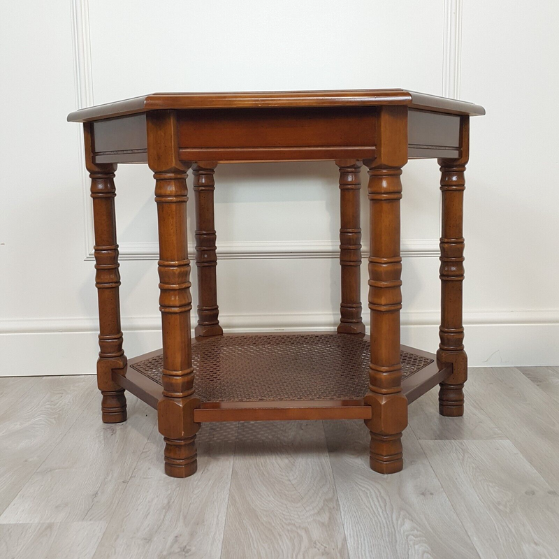 Mahogany Hexagonal Glass Top Accent Table With Caned Shelf - F230