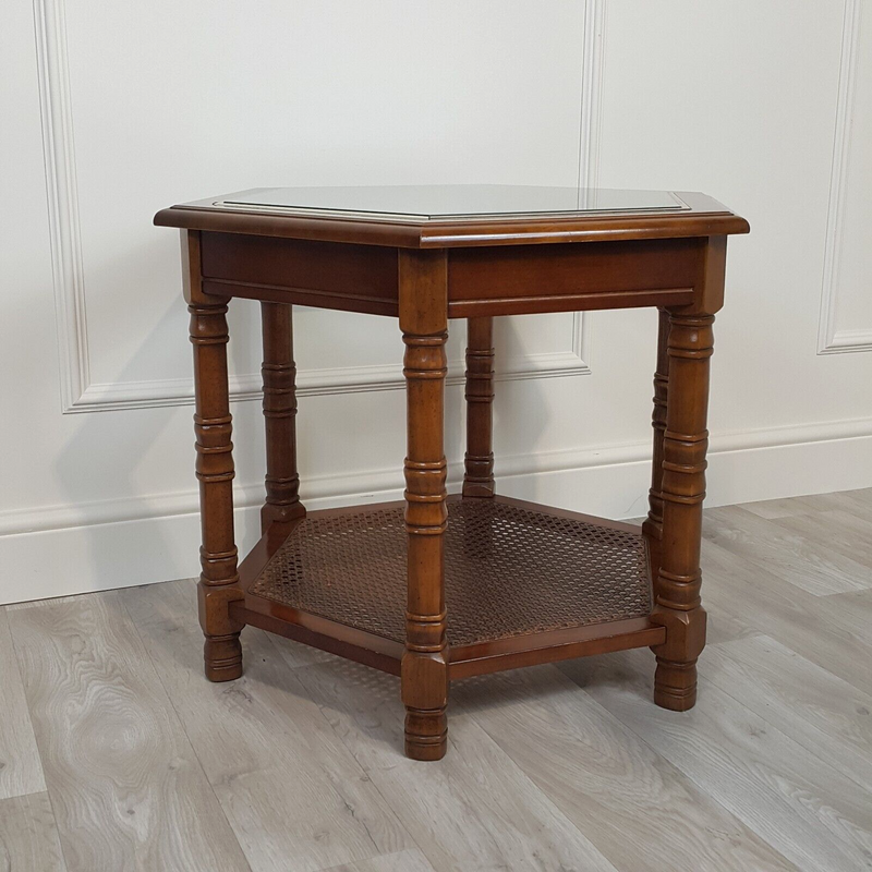 Mahogany Hexagonal Glass Top Accent Table With Caned Shelf - F230