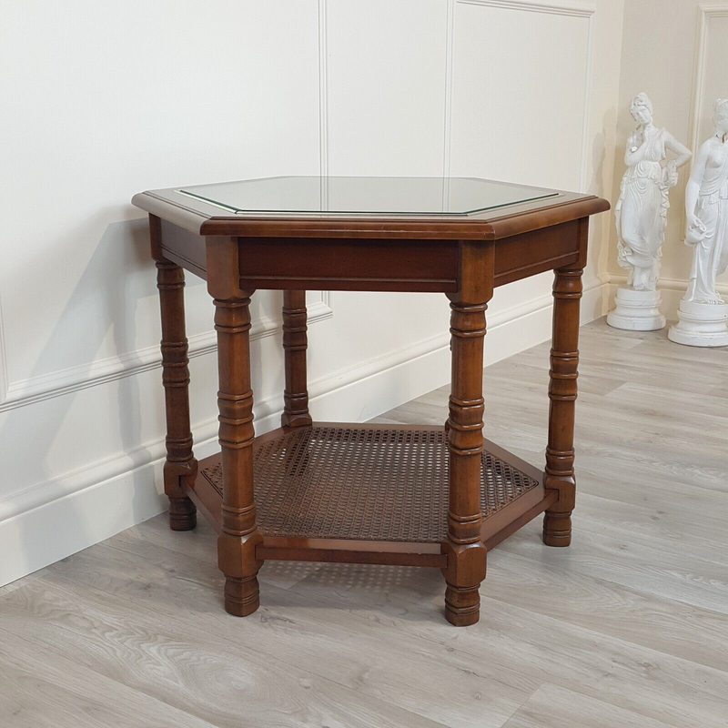 Mahogany Hexagonal Glass Top Accent Table With Caned Shelf - F230