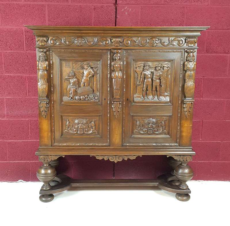 Oak Double Door Sideboard On Raised Legs Dutch Antique Heavily Carved - F26