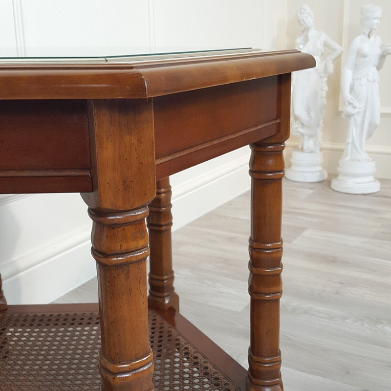 Mahogany Hexagonal Glass Top Accent Table With Caned Shelf - F230