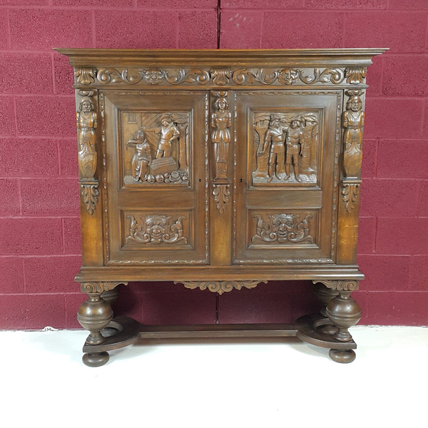 Oak Double Door Sideboard On Raised Legs Dutch Antique Heavily Carved - F26