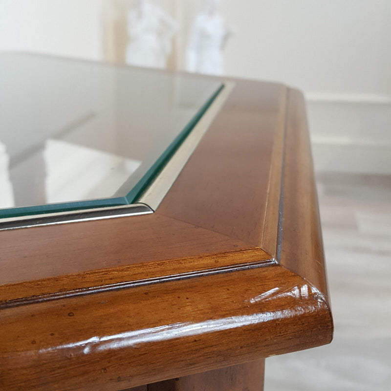 Mahogany Hexagonal Glass Top Accent Table With Caned Shelf - F230