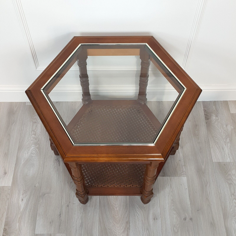 Mahogany Hexagonal Glass Top Accent Table With Caned Shelf - F230