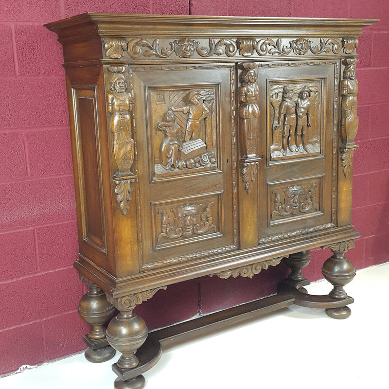 Oak Double Door Sideboard On Raised Legs Dutch Antique Heavily Carved - F26