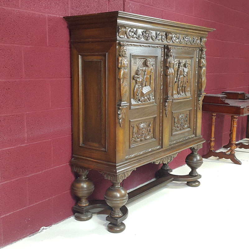 Oak Double Door Sideboard On Raised Legs Dutch Antique Heavily Carved - F26