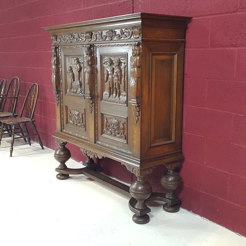 Oak Double Door Sideboard On Raised Legs Dutch Antique Heavily Carved - F26