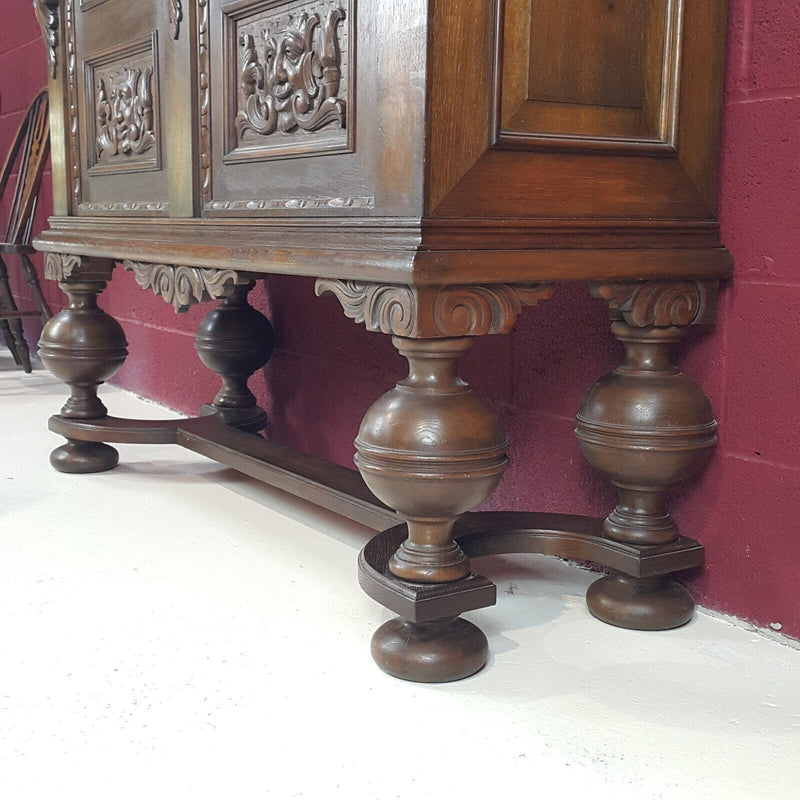 Oak Double Door Sideboard On Raised Legs Dutch Antique Heavily Carved - F26