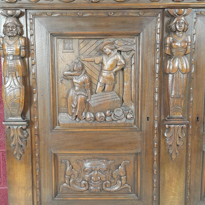 Oak Double Door Sideboard On Raised Legs Dutch Antique Heavily Carved - F26