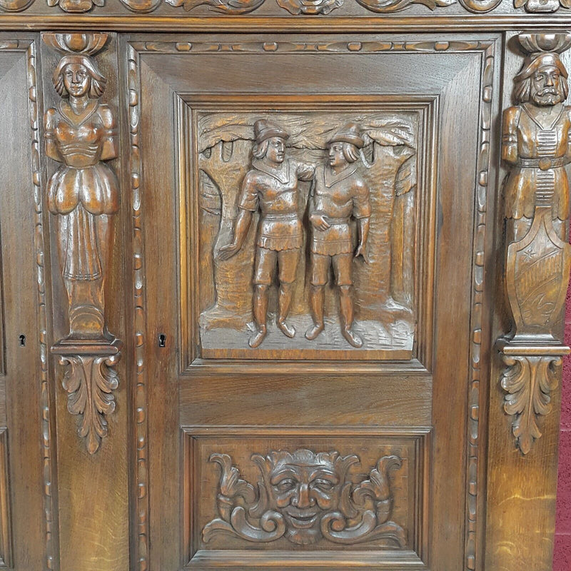 Oak Double Door Sideboard On Raised Legs Dutch Antique Heavily Carved - F26