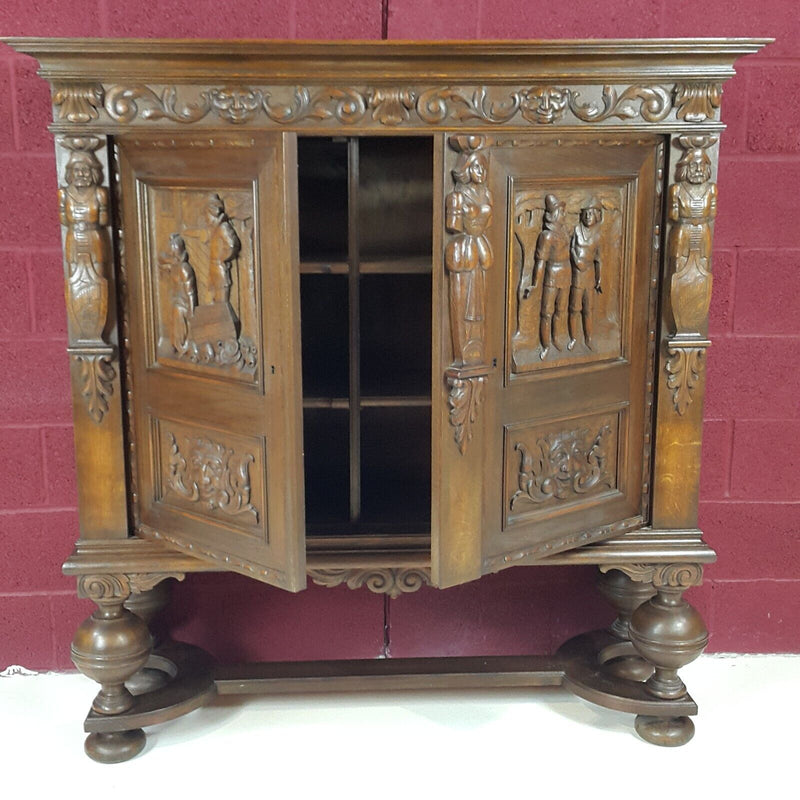 Oak Double Door Sideboard On Raised Legs Dutch Antique Heavily Carved - F26